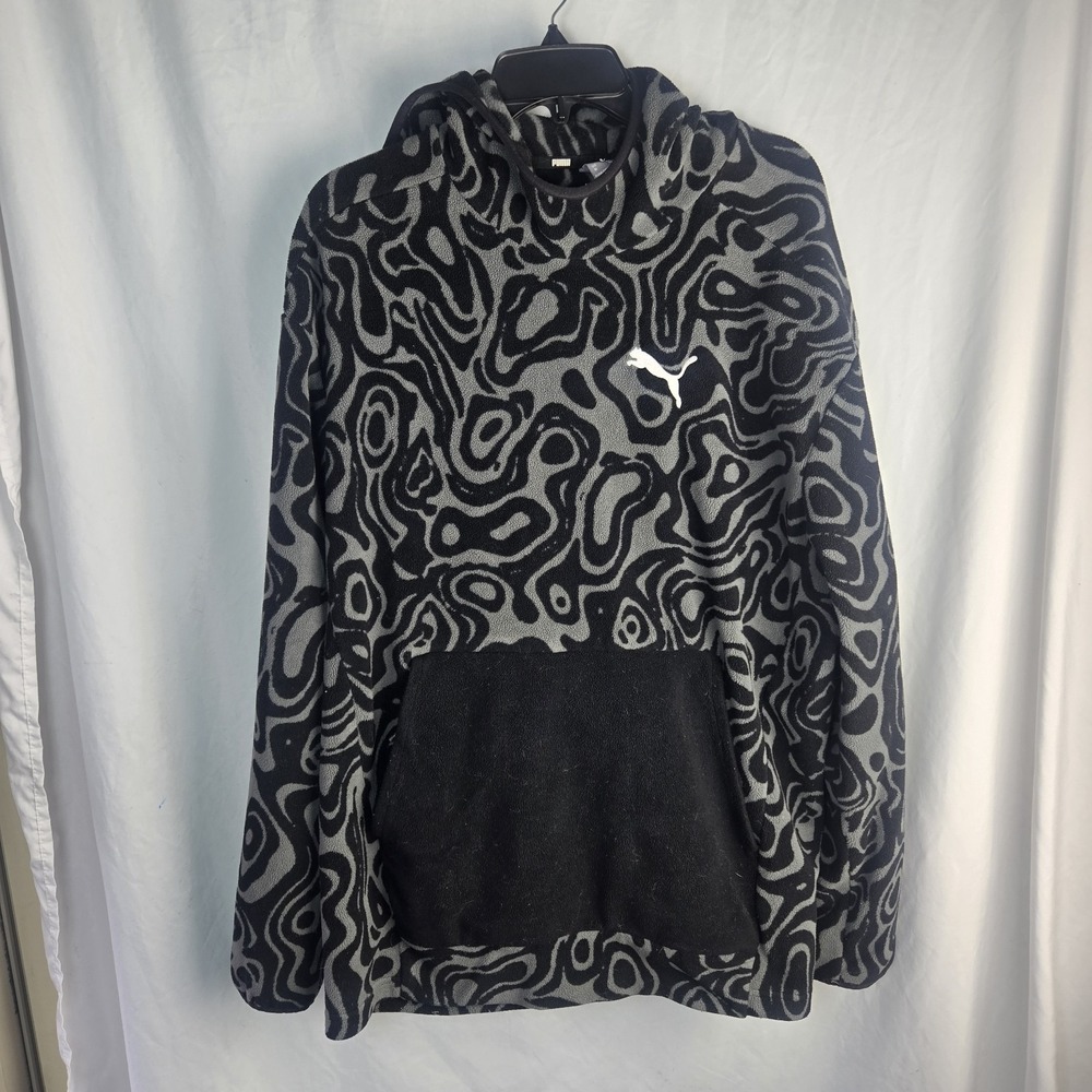 Puma Pullover Fleece Hoodie Mens XL Swirl Gray Black Cozy Maximalist Dopamine